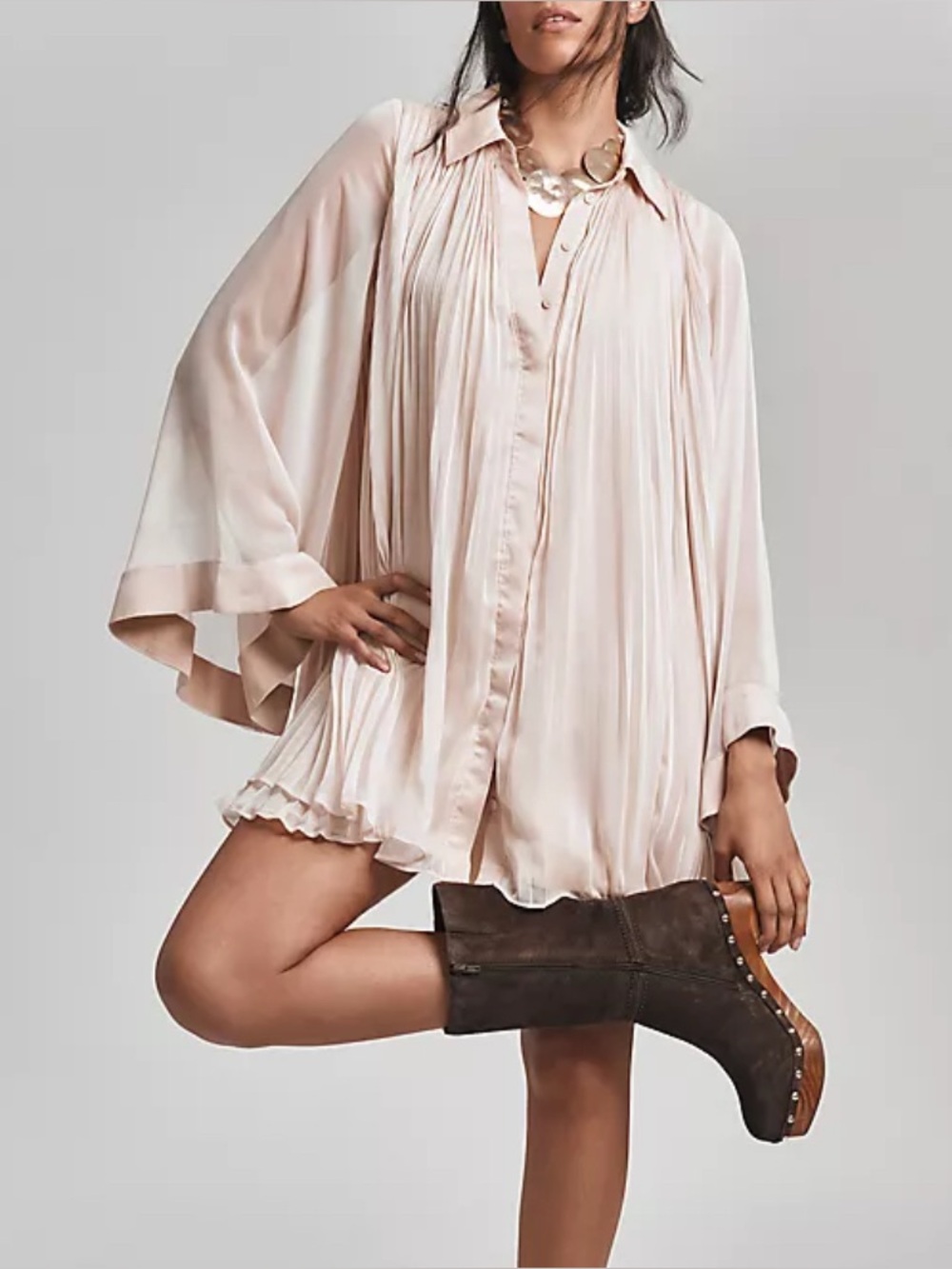 Anthropologie Maeve Pleated Wide Sleeve Beige Tan Mini Dress size L